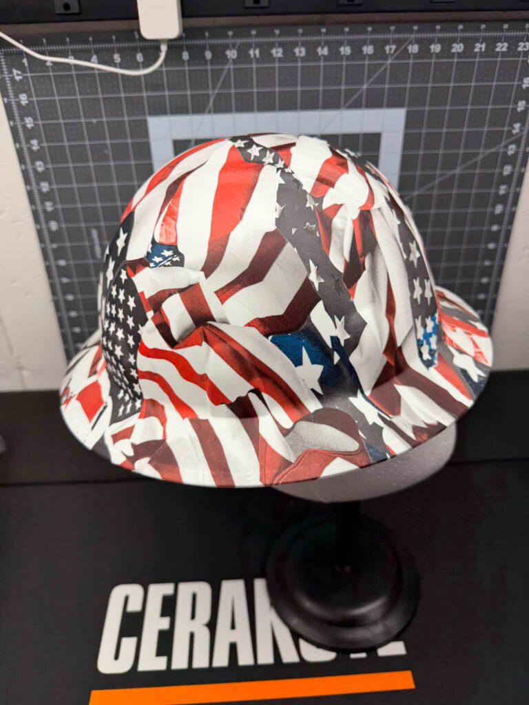 Full-brim hard hat finished in an American flag hydrographic film